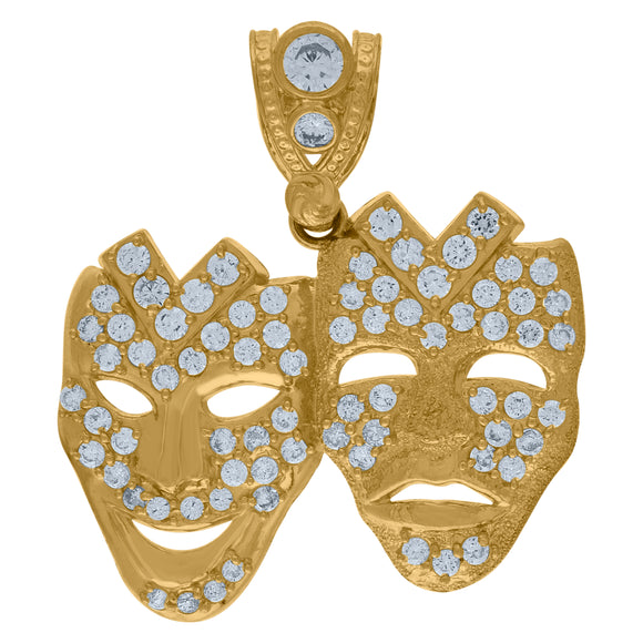 10KT Yellow Gold Mens Cubic Zirconia Comedy Tragedy Mask Fashion Charm Pendant