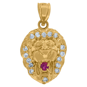10KT Yellow Gold Mens White Pink Cubic Zirconia Lion Head Charm Pendant