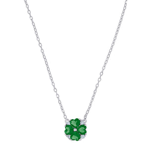 925 Sterling Silver Women Green Cubic Zirconia Fashion Flower Necklace