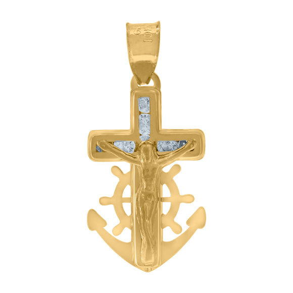 10kt Yellow Gold Unisex Cubic Zirconia Cubic-zirconia Anchor Crucifix Cross Religious Charm Pendant