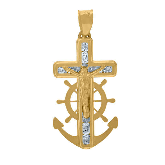 10kt Yellow Gold Unisex Cubic Zirconia Cubic-zirconia Anchor Crucifix Cross Religious Charm Pendant
