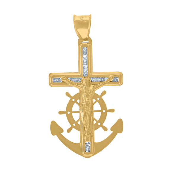10kt Yellow Gold Unisex Cubic Zirconia Cubic-zirconia Anchor Crucifix Cross Religious Charm Pendant