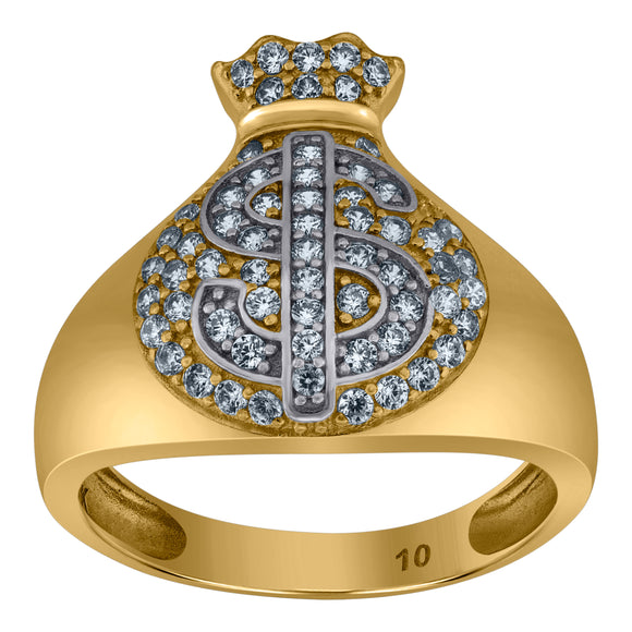 10kt Two-tone Gold Mens Cubic Zirconia Dollar Sign Bag Band Ring